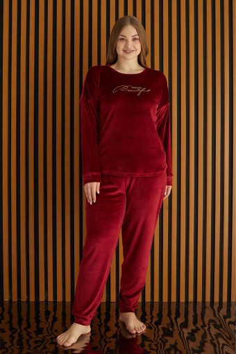 PİJAMONİ - Pijamoni Kadın Büyük Beden Pijama Takımı Uzun Kollu Kadife Paça Manşetli Önü Yazılı - Bordo