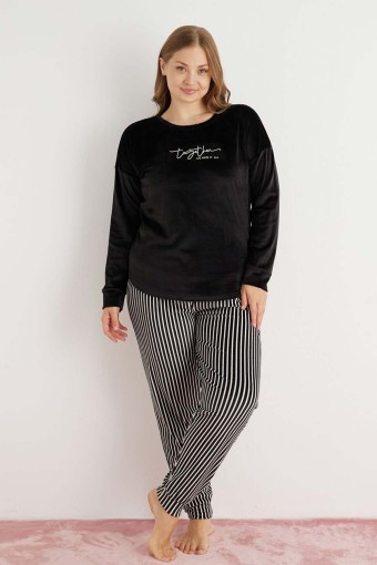 PİJAMONİ - Pijamoni Kadın Büyük Beden Pijama Takımı Uzun Kollu Kadife Paça Manşetli Önü Yazılı Çizgili - Siyah