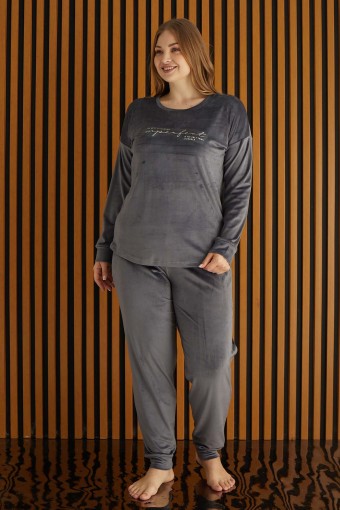 PİJAMONİ - Pijamoni Kadın Büyük Beden Pijama Takımı Uzun Kollu Kadife Paça Manşetli Önü Yazılı - Gri