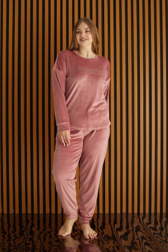 PİJAMONİ - Pijamoni Kadın Büyük Beden Pijama Takımı Uzun Kollu Kadife Paça Manşetli Önü Yazılı - Gülkurusu