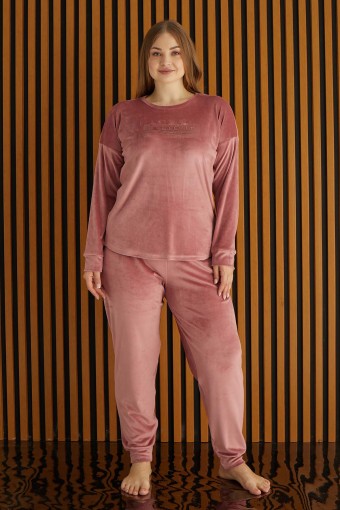 PİJAMONİ - Pijamoni Kadın Büyük Beden Pijama Takımı Uzun Kollu Kadife Paça Manşetli Önü Yazılı - Gülkurusu (1)