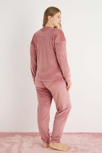 PİJAMONİ - Pijamoni Kadın Büyük Beden Pijama Takımı Uzun Kollu Kadife Paça Manşetli Önü Yazılı Puantiyeli - Gülkurusu (1)