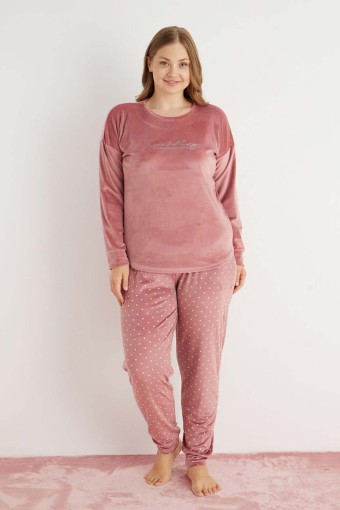 PİJAMONİ - Pijamoni Kadın Büyük Beden Pijama Takımı Uzun Kollu Kadife Paça Manşetli Önü Yazılı Puantiyeli - Gülkurusu