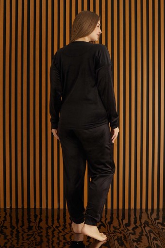 PİJAMONİ - Pijamoni Kadın Büyük Beden Pijama Takımı Uzun Kollu Kadife Paça Manşetli Önü Yazılı - Siyah (1)