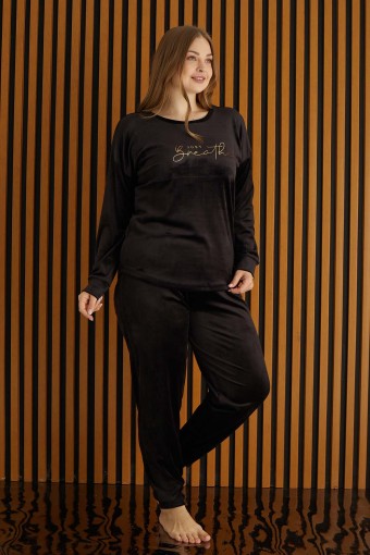 PİJAMONİ - Pijamoni Kadın Büyük Beden Pijama Takımı Uzun Kollu Kadife Paça Manşetli Önü Yazılı - Siyah (1)