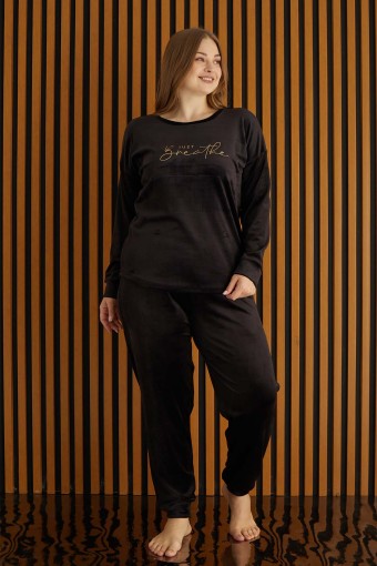 PİJAMONİ - Pijamoni Kadın Büyük Beden Pijama Takımı Uzun Kollu Kadife Paça Manşetli Önü Yazılı - Siyah