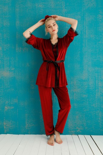 PİJAMONİ - Pijamoni Kadın Kadife 3'lü Pijama Takımı İp Askılı Dantel Detaylı - Bordo (1)