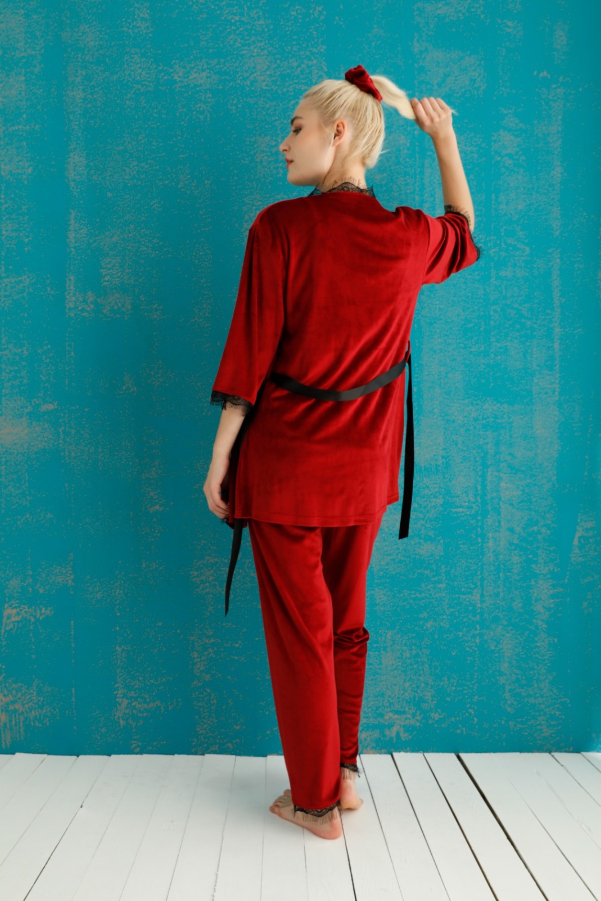 Pijamoni Kadın Kadife 3'lü Pijama Takımı İp Askılı Dantel Detaylı - Bordo - Thumbnail