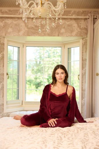 PİJAMONİ - Pijamoni Kadın Kadife 3'lü Pijama Takımı İp Askılı Dantel Detaylı - Bordo