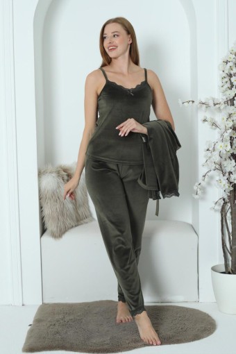 PİJAMONİ - Pijamoni Kadın Kadife 3'lü Pijama Takımı İp Askılı Dantel Detaylı - Haki Yeşili (1)