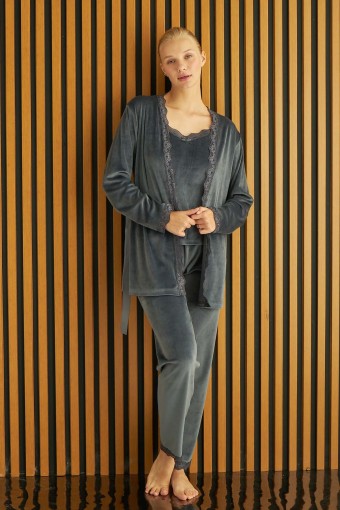 PİJAMONİ - Pijamoni Kadın Kadife 3'lü Pijama Takımı İp Askılı Dantel Detaylı - Koyu Gri