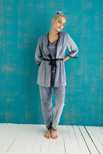 PİJAMONİ - Pijamoni Kadın Kadife 3'lü Pijama Takımı İp Askılı Dantel Detaylı - Mavi (1)