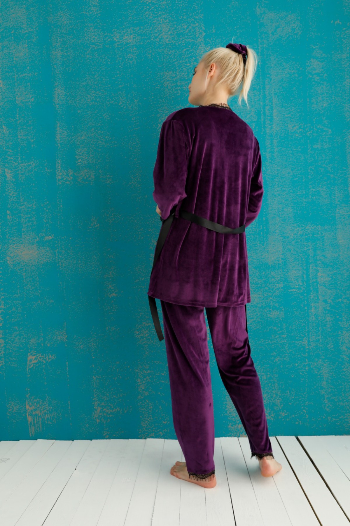 Pijamoni Kadın Kadife 3'lü Pijama Takımı İp Askılı Dantel Detaylı - Mor - Thumbnail