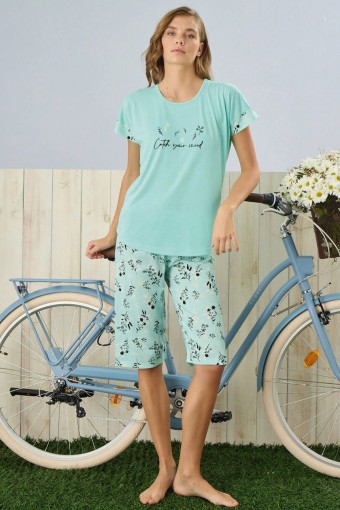 PİJAMONİ - Pijamoni Kadın Kapri Takım Çiçek Desenli Poliviskon Kumaş - Mint Yeşili