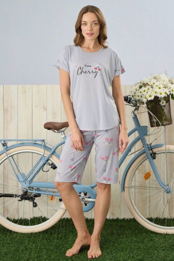 PİJAMONİ - Pijamoni Kadın Kapri Takım Desenli Poliviskon Kumaş - Gri