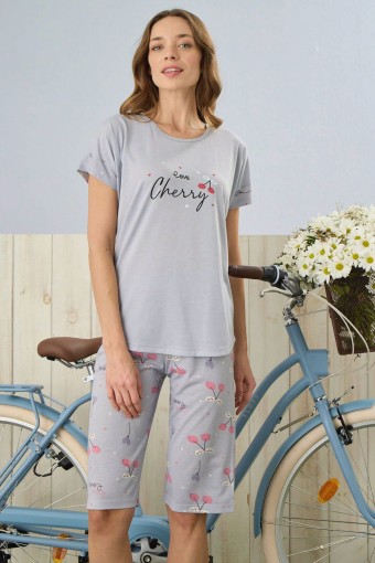 PİJAMONİ - Pijamoni Kadın Kapri Takım Desenli Poliviskon Kumaş - Gri (1)