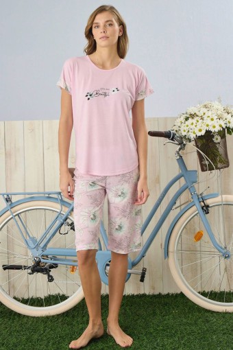 PİJAMONİ - Pijamoni Kadın Kapri Takım Desenli Poliviskon Kumaş - Pembe