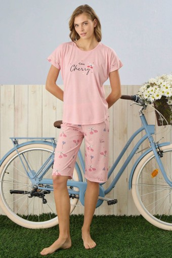 PİJAMONİ - Pijamoni Kadın Kapri Takım Kiraz Desenli Poliviskon Kumaş - Pudra