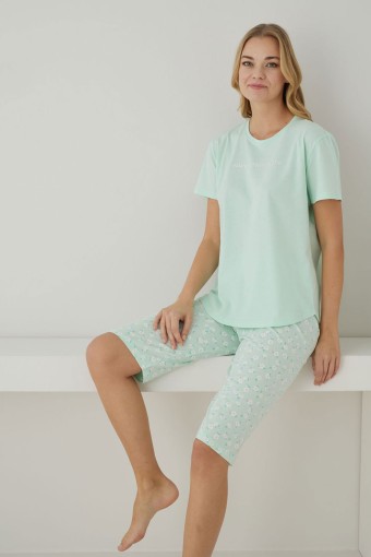 PİJAMONİ - Pijamoni Kadın Kapri Takım Kısa Kol Çiçekli Desenli Pamuklu - Mint Yeşili