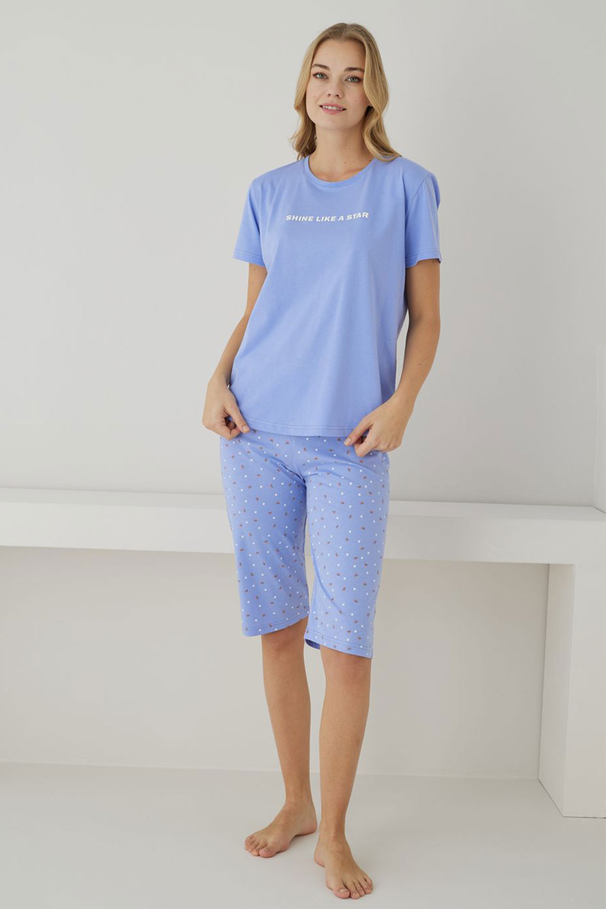 Pijamoni Kadın Kapri Takım Kısa Kol Desenli Pamuklu - Lila - Thumbnail