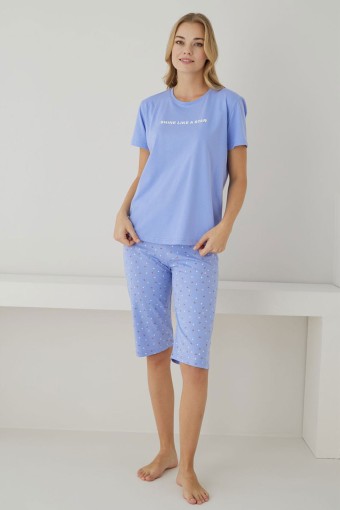 PİJAMONİ - Pijamoni Kadın Kapri Takım Kısa Kol Desenli Pamuklu - Lila