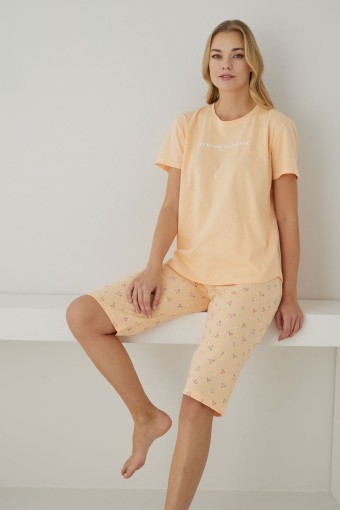 PİJAMONİ - Pijamoni Kadın Kapri Takım Kısa Kol Kiraz Desenli Pamuklu - Somon