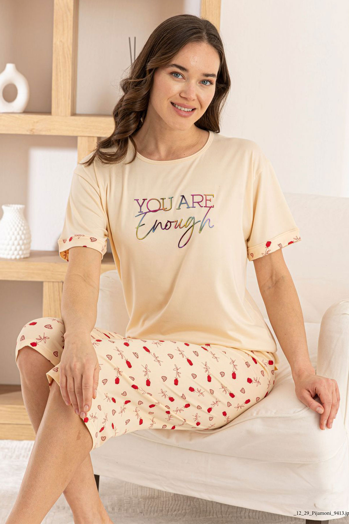 Pijamoni Kadın Kapri Takım Kısa Kollu Milan Bisiklet Yaka Desenli - Açık Somon - Thumbnail