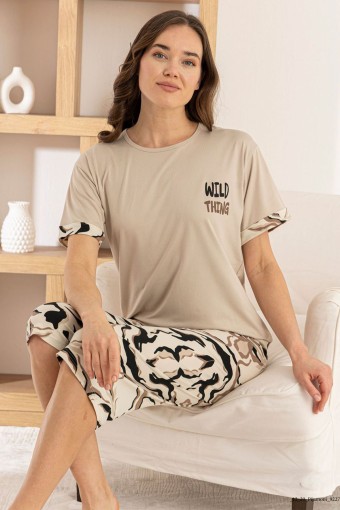 PİJAMONİ - Pijamoni Kadın Kapri Takım Kısa Kollu Milan Bisiklet Yaka Desenli - Bej