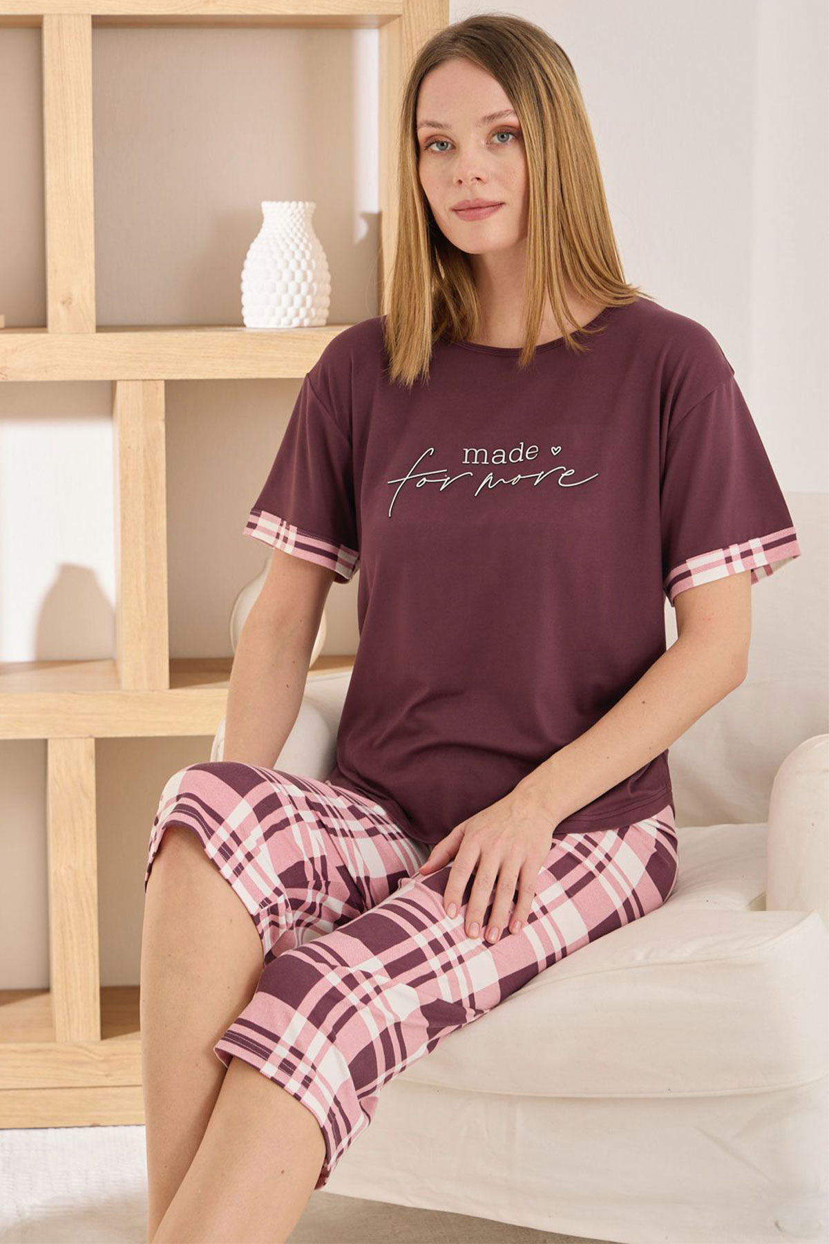 Pijamoni Kadın Kapri Takım Kısa Kollu Milan Bisiklet Yaka Desenli - Mürdüm - Thumbnail