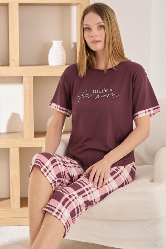 PİJAMONİ - Pijamoni Kadın Kapri Takım Kısa Kollu Milan Bisiklet Yaka Desenli - Mürdüm