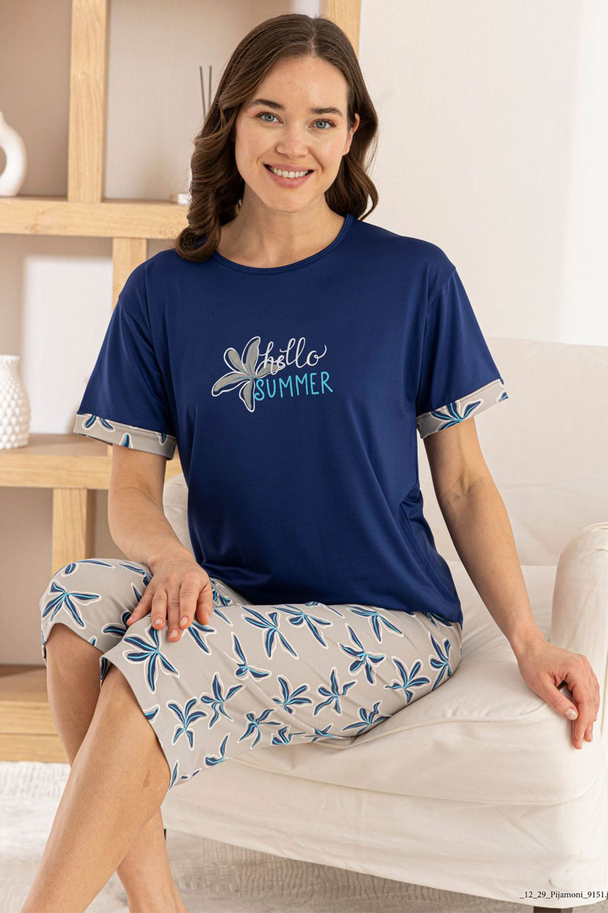 Pijamoni Kadın Kapri Takım Kısa Kollu Milan Bisiklet Yaka Desenli - Saks Mavisi - Thumbnail