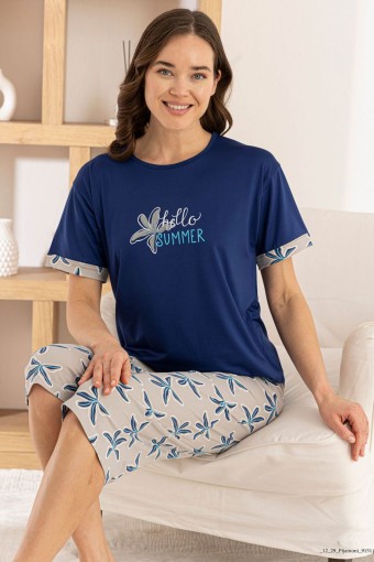 PİJAMONİ - Pijamoni Kadın Kapri Takım Kısa Kollu Milan Bisiklet Yaka Desenli - Saks Mavisi