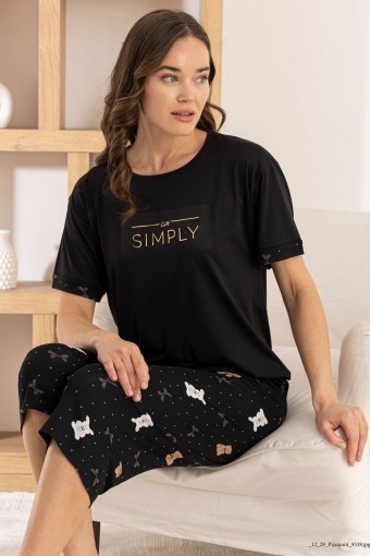 PİJAMONİ - Pijamoni Kadın Kapri Takım Kısa Kollu Milan Bisiklet Yaka Desenli - Siyah