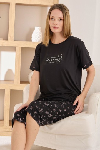 PİJAMONİ - Pijamoni Kadın Kapri Takım Kısa Kollu Milan Bisiklet Yaka Desenli - Siyah