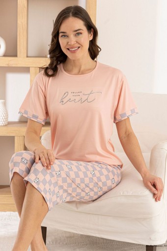 PİJAMONİ - Pijamoni Kadın Kapri Takım Kısa Kollu Milan Bisiklet Yaka Desenli - Somon