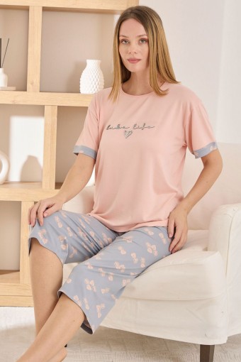 PİJAMONİ - Pijamoni Kadın Kapri Takım Kısa Kollu Milan Bisiklet Yaka Desenli - Somon