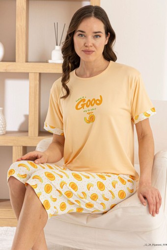 PİJAMONİ - Pijamoni Kadın Kapri Takım Kısa Kollu Milan Bisiklet Yaka Desenli - Turuncu