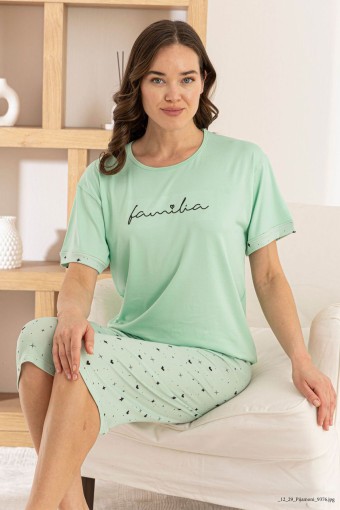 PİJAMONİ - Pijamoni Kadın Kapri Takım Kısa Kollu Milan Bisiklet Yaka Desenli - Yeşil