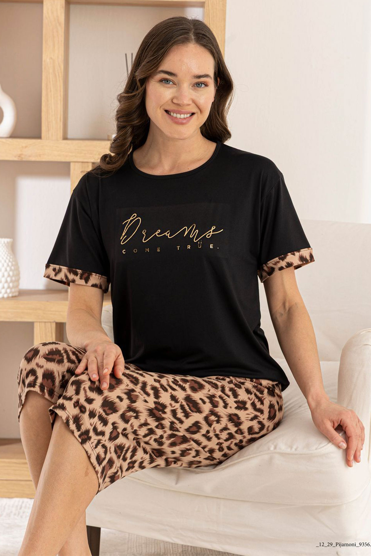 Pijamoni Kadın Kapri Takım Kısa Kollu Milan Bisiklet Yaka Leopar Desenli - Siyah - Thumbnail