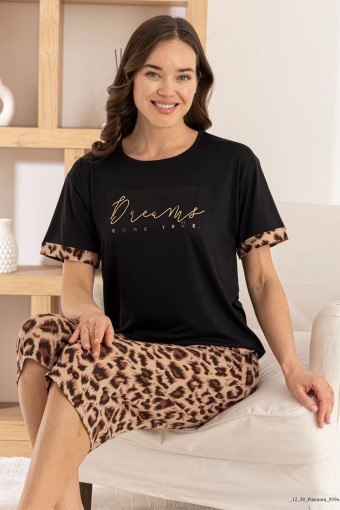 PİJAMONİ - Pijamoni Kadın Kapri Takım Kısa Kollu Milan Bisiklet Yaka Leopar Desenli - Siyah