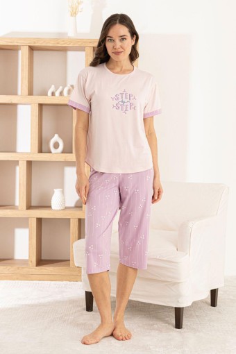 PİJAMONİ - Pijamoni Kadın Kapri Takım Kısa Kollu Milan Bisiklet Yaka Step Yazılı - Pembe (1)