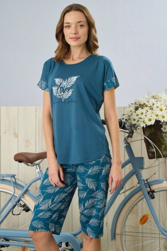 PİJAMONİ - Pijamoni Kadın Kapri Takım Yaprak Desenli Poliviskon Kumaş - Petrol Mavisi (1)