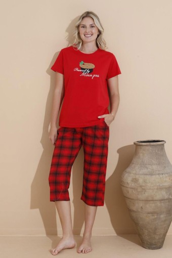 PİJAMONİ - Pijamoni Kadın Kapri Takım Yazılı Altı Ekose Penye - Kırmızı