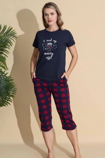 PİJAMONİ - Pijamoni Kadın Kapri Takım Yazılı Altı Ekose Penye - Lacivert