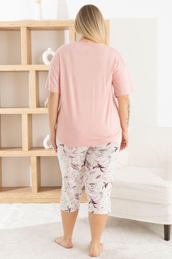 PİJAMONİ - Pijamoni Kadın Kapri Takımı Kısa Kollu Bisiklet Yaka Çiçek Desenli Ring Viskon - Pembe (1)