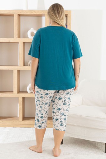 PİJAMONİ - Pijamoni Kadın Kapri Takımı Kısa Kollu Bisiklet Yaka Çiçek Desenli Ring Viskon - Petrol Yeşili (1)