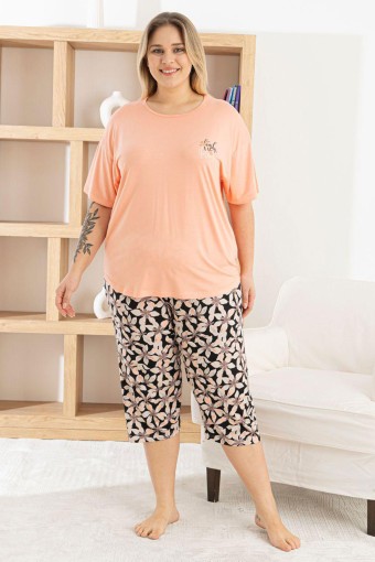 PİJAMONİ - Pijamoni Kadın Kapri Takımı Kısa Kollu Bisiklet Yaka Çiçek Desenli Ring Viskon - Somon