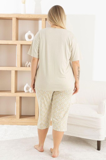 PİJAMONİ - Pijamoni Kadın Kapri Takımı Kısa Kollu Bisiklet Yaka Desenli Ring Viskon - Bej (1)