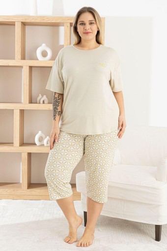 PİJAMONİ - Pijamoni Kadın Kapri Takımı Kısa Kollu Bisiklet Yaka Desenli Ring Viskon - Bej