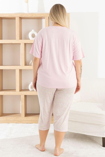 PİJAMONİ - Pijamoni Kadın Kapri Takımı Kısa Kollu Bisiklet Yaka Desenli Ring Viskon - Pembe (1)
